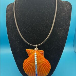 Hand Crafted Orange and Blue Necklace with Shell Pendant
